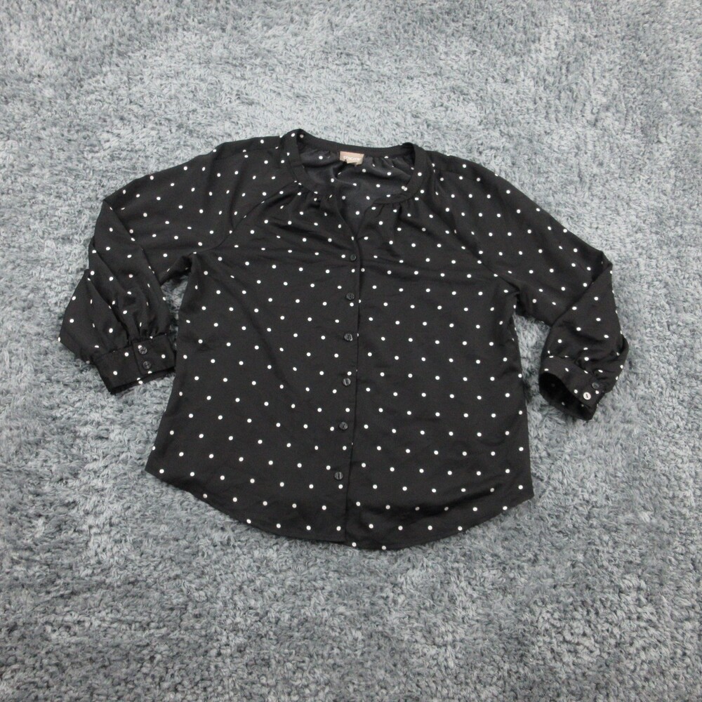 Chicos Blouse Womens 1 Medium Black White Polka Dot Button Up Shirt Long Sleeve
